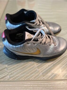 Nike Metallic Silver Sneakers with Gold Swoosh and Pink Heel